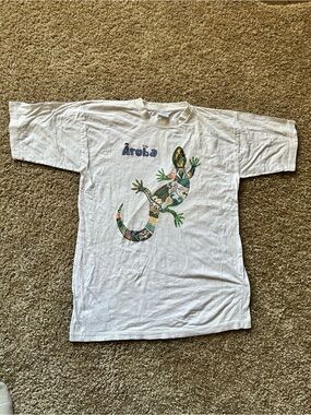 Y2K Aruba Gecko Graphic T-Shirt Mens Size Small Short Sleeve 100% Cotton